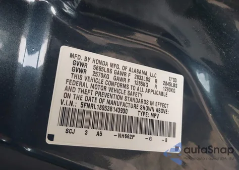2003 Honda Odyssey Ex-L from USA, damaged, VIN 5FNRL18953B143930